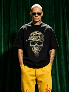 Herren Sommer Lässig Weiches Rundhals Kurzarm-Shirt, Camouflage Tropfen-Effekt Totenkopf mit Baseballkappe Street Hop Muster Grafik ist geeignet D - Schwarz - Übersicht 3