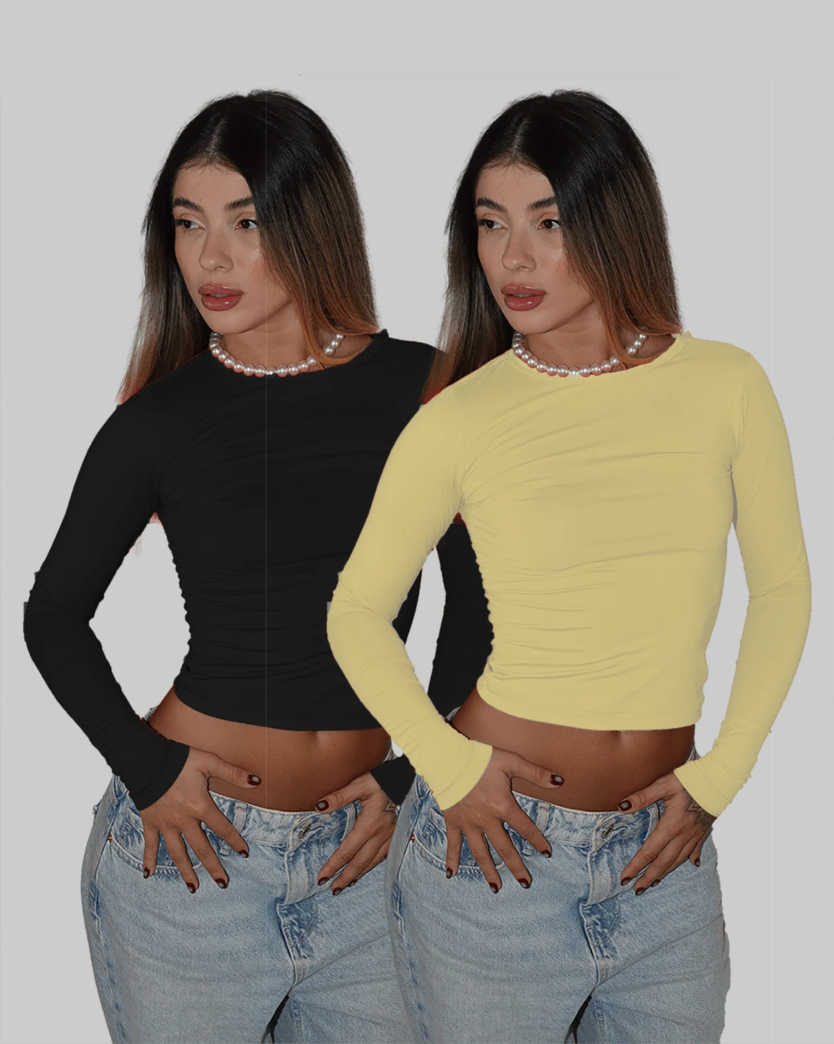 KIT 2 BASIC BLOUSE SECOND SKIN LONG SLEEVE COLD ROUND NECK CACHARREL ELEGANT CASUAL AITONA - BLACK/YELLOW - View 1