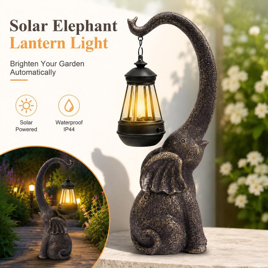 Bronze Elephant Lantern Garden Statue, Resin Hanging Lamp Decor For Patio Lawn Yard, IP44 Waterproof - 青銅象燈 - 查看 1