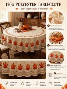 1pc-Autumn Maple Leaf Round Tablecloth, Beige Fall Table Cover With Orange Leaf Pattern, Elegant Harvest Printed Border For Thanksgiving Dinner Party Kitchen Decor - Multicolor - View 2