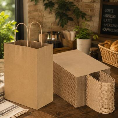 40 Pieces Khaki Kraft Paper Tote Bag, 8.25inx5.8inx3.2in Mini Portable Small Shopping Bag, Suitable For Boutique Stores, Wedding Party Gift Bags, Birthday Parties, Gift Bags, Bridesmaid Bags, Father's Day, Graduation And Other Gift Bags.