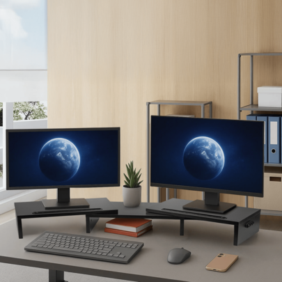 Monitorständer für 2 Monitore – längenverstellbar & schwenkbar, mit Handyhalterung & Kabelmanagement, Dual-Monitor-Riser für Büro & Homeoffice