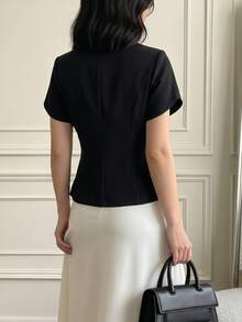 Damen Frühling/Sommer elegante neue chinesische Stil Froschknopf Stehkragen Kurzarm Bluse, Weiß Kontrast Froschknopf Schwarz - Schwarz - Übersicht 5