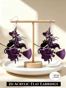 Pendientes de acrílico con diseño plano 2D de bruja morada montada en escoba, ganchos de oreja de acero inoxidable, adecuados para uso diario y fiestas, adecuados para aniversario, Acción de Gracias, Halloween, Navidad, pendientes para todas las estaciones - Bruja Púrpura - Ver 1