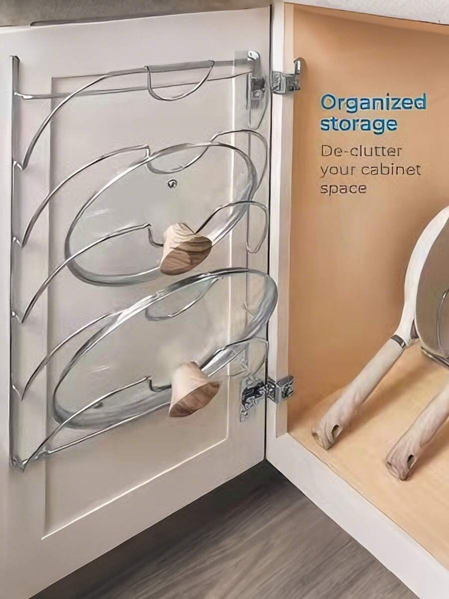 Organizador de tapas de ollas para puerta de gabinete o pared de sala de almacenamiento - Estante de almacenamiento de utensilios de cocina y tapas de ollas - Organizador de tapas de ollas de vidrio y metal, solución de almacenamiento para gabinete de cocina - Multicolor - Ver 1