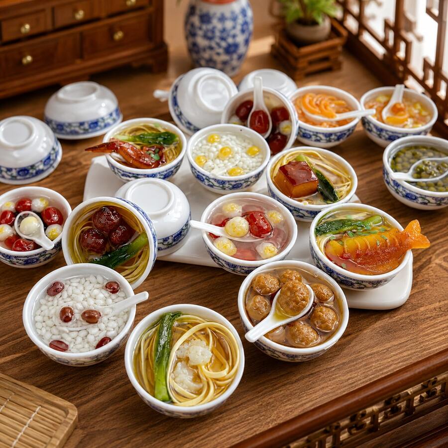 1:12 Scale Dollhouse Miniature Blue And White Porcelain Bowl Model, Mini Soup And Dessert Scene Decoration, Miniature Catering Display Accessory, Photography Prop - one-size - View 1