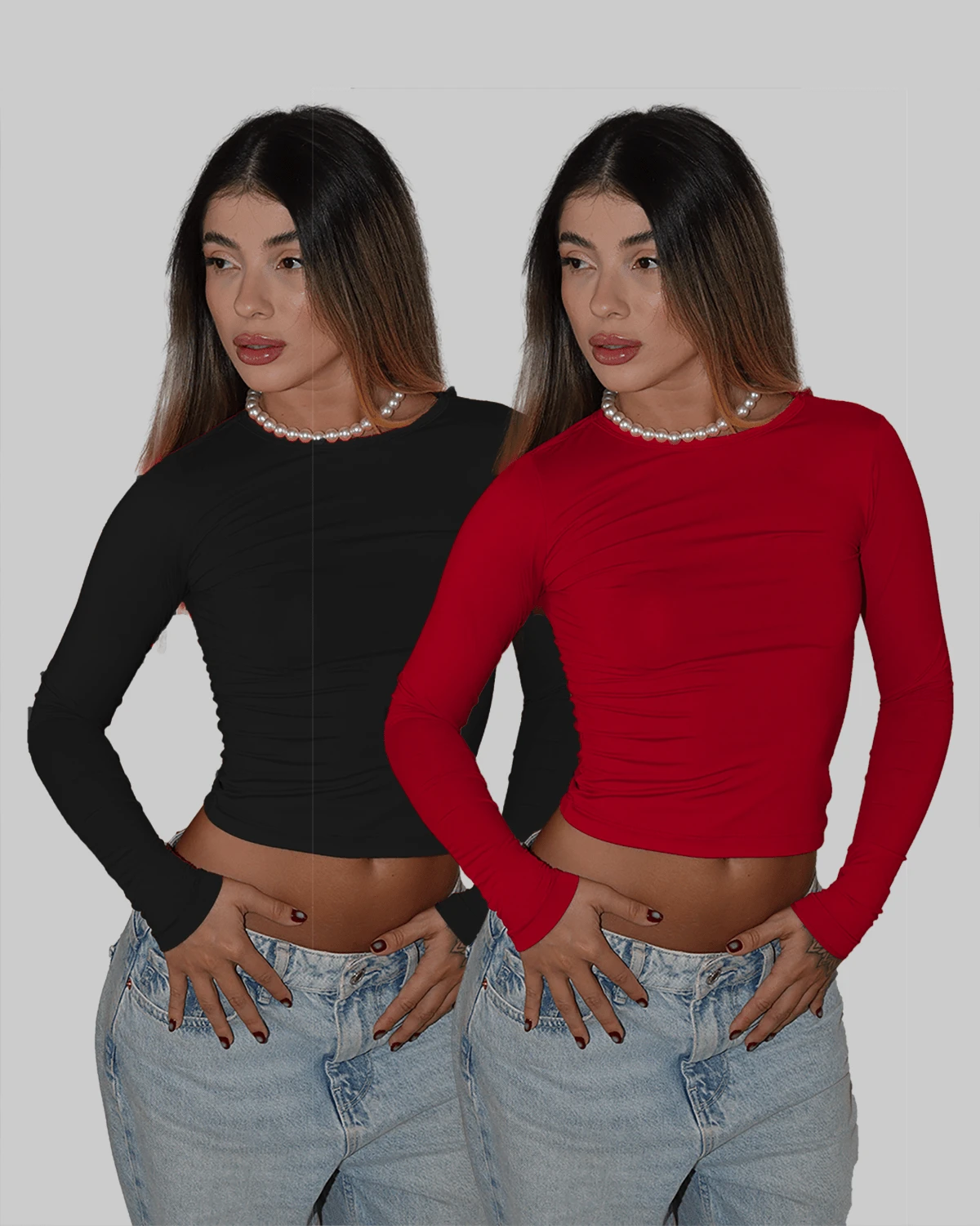 KIT 2 BLUSA BÁSICA SEGUNDA PELE MANGA LONGA FRIO GOLA REDONDA CACHARREL ELEGANTE CASUAL AITONA