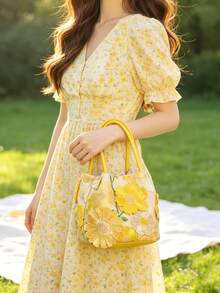 1pc Yellow 3D Applique Mesh Embroidered Floral Pattern Bucket Bag Women's Handbag Suitable For Casual Vacation (Floral Pattern Randomly Cut And Distributed) - Yellow - View 3