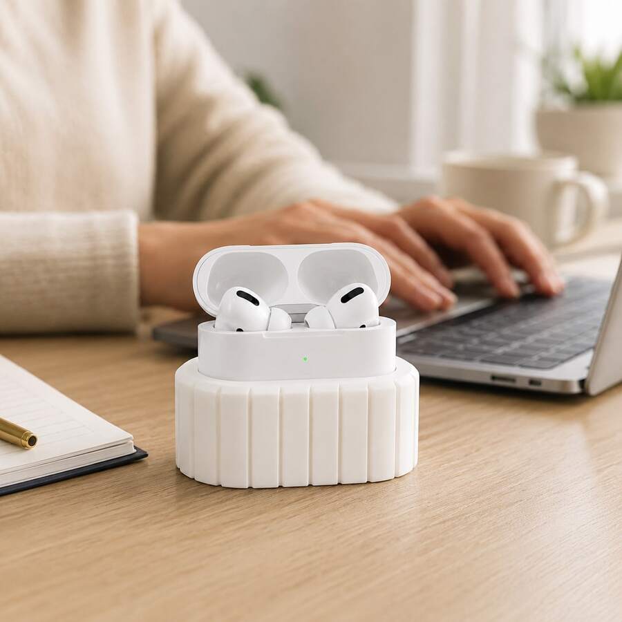 Support d'écouteurs sans fil, base de rangement d'écouteurs Bluetooth à rayures de colonne romaine, support fixe antidérapant minimaliste moderne, accessoire numérique blanc très attrayant pour bureau de bureau et coiffeuse - Voir 1