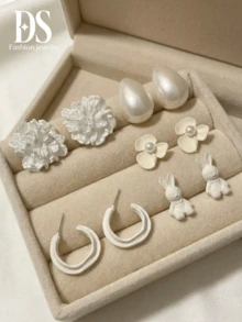 10pcs/Set Flower Rabbit Water Drop Minimalist Geometric Stud Earrings, Fresh Elegant Student Earrings - White - View 1