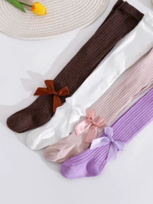 4 pares de mallas de punto acanalado para niñas, leggings de unicolor con lazo grande de satén suave, calcetines de baile elásticos versátiles para niños en primavera/otoño, combinan con vestidos, faldas plisadas JK, calcetines básicos para salidas de bebé - Multicolor - Ver 4
