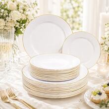 50/25/20/10pcs White Gold Rim Plate Set, 7.5 Inch/10.25 Inch Reusable Dinner Plates, Food Trays, Fruit And Snack Platters, Dessert And Salad Plates, Cheese And Candy Trays, Multi-Purpose Tableware For Parties, Weddings, Birthdays, Picnics, Holiday Events, Easy To Clean And Durable, Suitable For Home And Event Elegant Table Settings - White - View 9
