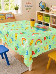 1pc-Back-To-School Cartoon Educational Tablecloth, Round And Rectangular Universal Washable Tablecloth, Green Background With Letter, Number, Rainbow Pencil Print, Suitable For Student Classroom Study Desks And Back-To-School Party Desktop Decoration - Multicolor - View 12