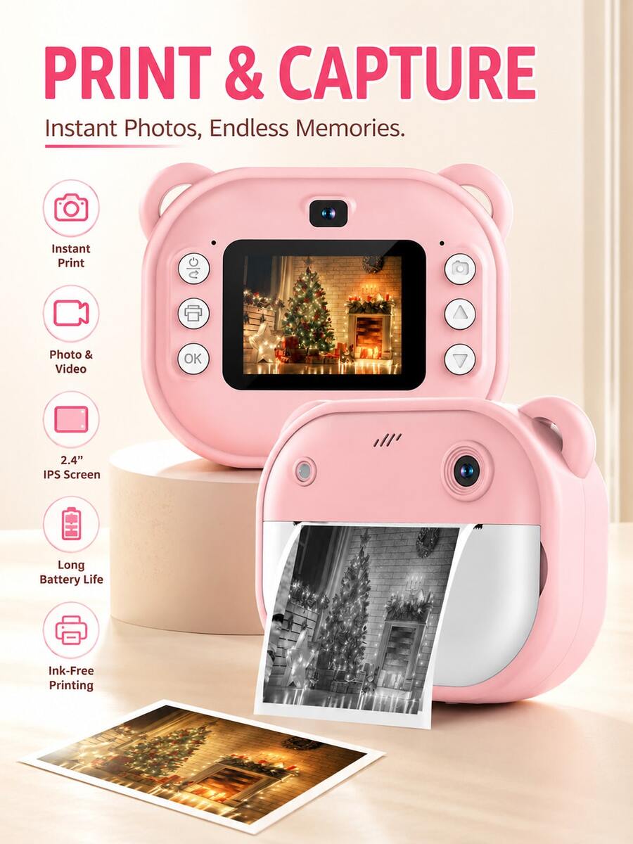 YAIUZGOO Instant Print Camera, 2.4" IPS Screen Digital Camera, Photo & Video Camera With Ink-Free Thermal Printing, Portable Kids-Style Camera With Instant Photo Printing, Rechargeable Digital Camera For Travel, Parties & Memories 1300mAh