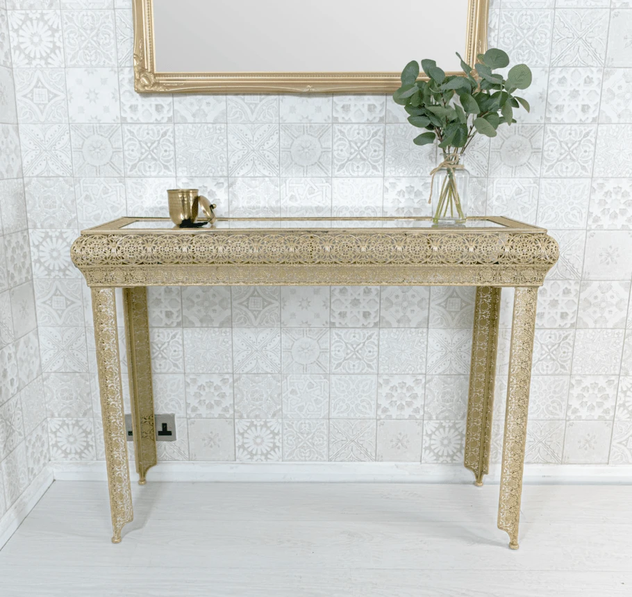 DOWNTON INTERIORS UK NEXT DAY SHIPPING Gold Embossed Metal Glass Moroccan Style Console Table - Gold - View 1