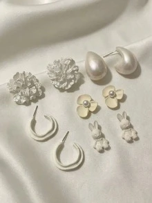 10pcs/Set Flower Rabbit Water Drop Minimalist Geometric Stud Earrings, Fresh Elegant Student Earrings - White - View 5