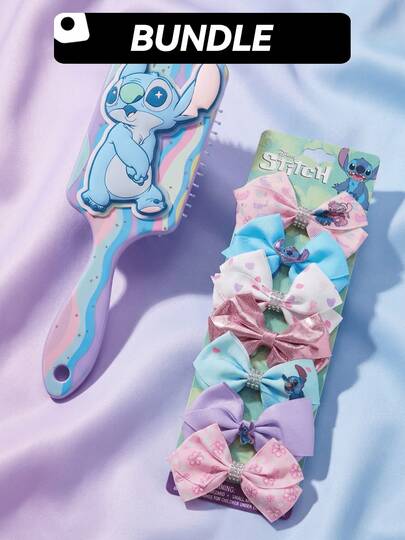 STITCH [Combo&Save] Disney 1 Pack Paddle Detangling Brush & 7 Packs Hair Bow Set Bundle Set – Knot-Free, Ergonomic Grip, Non-Slip Hold, Hair Accessories, Hair Care, Perfect Gift For Kids, Disney Fan Gift, Birthday Party & Vacation Favor