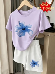 Toddler Girls Clothes Set, Men's 1 Pc T-Shirt For Girls, Creative Fashion For Little Girls With Refreshing Blue Floral Print - 紫色 - 查看 1