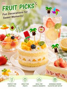 20 piezas de palillos de frutas de verano con diseño de dibujos animados, adecuados para bandejas de frutas, cócteles, bebidas, pasteles, decoración de postres, palillos de comida de estilo tropical, cumpleaños, fiesta de playa hawaiana, decoración de mesa de banquete de buffet, suministros para fiestas - Brochetas de bambú con dibujos animados (diseño aleatorio) - Ver 5
