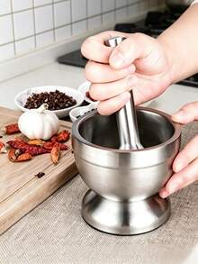 1 Set Stainless Steel Mortar And Pestle With Non-Slip Base, Spice Grinder, Kitchen Utensil, Multi-Function Crusher, Suitable For Garlic, Chili And Pepper - Silver - View 2
