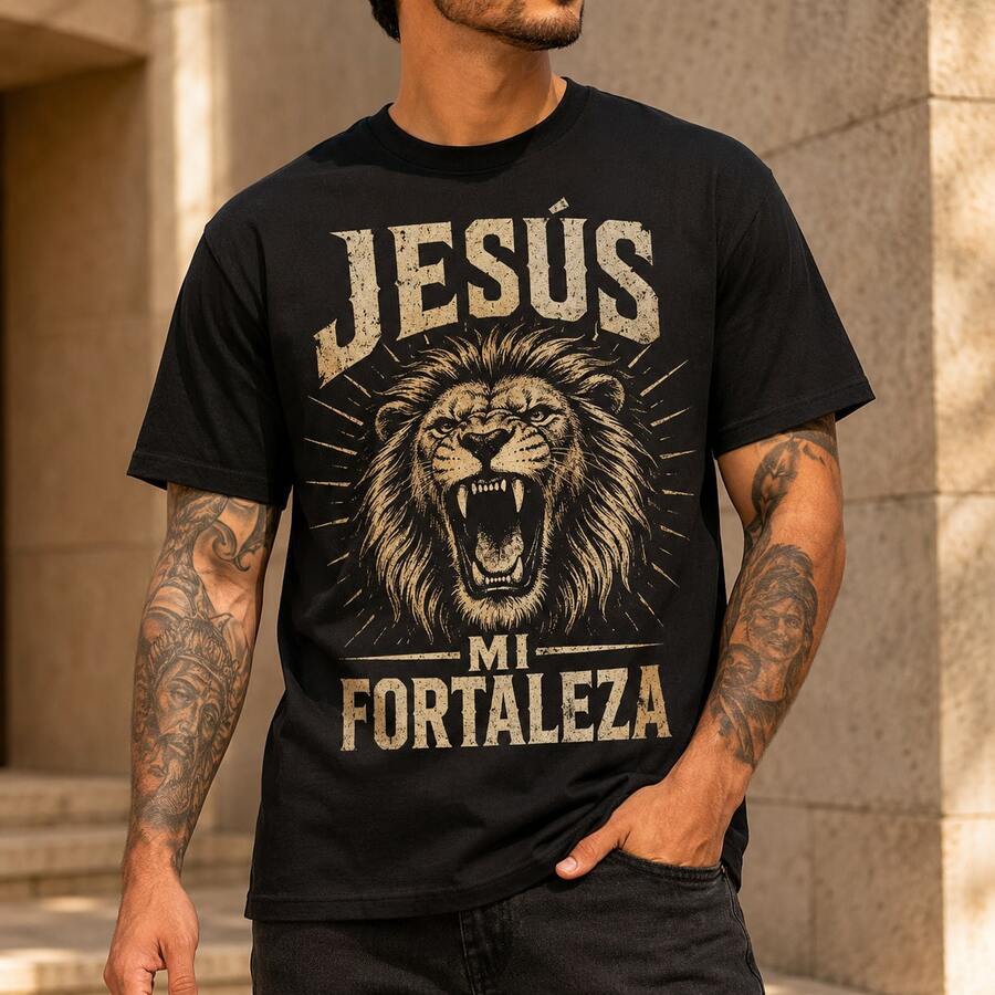 Playera Negra Religiosa Para Hombre Jesús Mi Fortaleza, Camiseta Manga Corta Cuello Redondo 100% Algodón, Estilo Urbano Casual