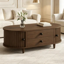Round Coffee Table With Roll-Up Doors, Walnut Wood Coffee Table With 2 Drawers, Side Table, MDF Living Room Table, Sofa Table With Solid Wood Legs, 100*50*36cm, Load Capacity Up To 50 Kg. - 胡桃木色 - 查看 2