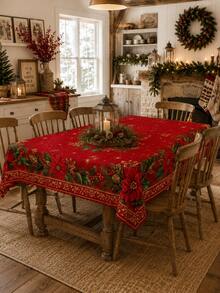 1件紅色聖誕長方形桌布，金色滾邊一品紅花、冬青、松果印花，復古歐式節日餐廳廚房裝飾，適用於聖誕晚餐、家庭聚會、派對裝飾、居家裝飾、壁爐裝飾，餐桌必備 - 彩色 - 查看 5