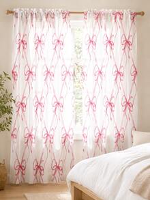2pcs Watercolor Bow Ribbon Plaid Print Decorative Curtains, No-Drill Rod Pocket Design, Easy Installation And Removable, Polyester Material, Cream Color And French Style Girl Room Decor, Suitable For Bedroom, Office, Kitchen, Living Room, Study, Home Decoration. - Multicolor - View 5