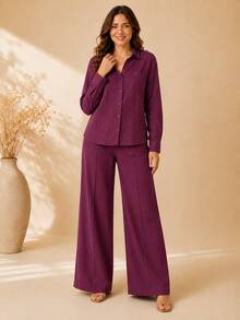 Women's Viscose Linen Set: Long-Sleeved Shirt With Buttons + Lined Wide-Leg Pants. Lightweight And Breathable Fabric. Elegant Casual Look For Work, Outings, And Everyday Wear. - 酒紅色 - 查看 4