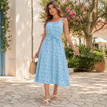Women's Long Strap Dress | Crepe With Elastec L Flower I Off The Shoulder. - Biru - View 2