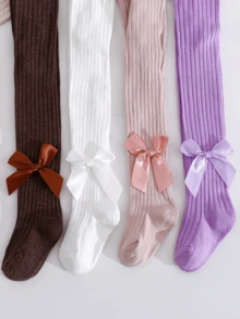 4 pares de mallas de punto acanalado para niñas, leggings de unicolor con lazo grande de satén suave, calcetines de baile elásticos versátiles para niños en primavera/otoño, combinan con vestidos, faldas plisadas JK, calcetines básicos para salidas de bebé - Multicolor - Ver 5