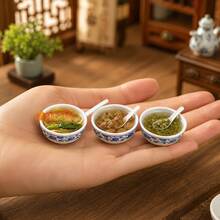 1:12 Scale Dollhouse Miniature Blue And White Porcelain Bowl Model, Mini Soup And Dessert Scene Decoration, Miniature Catering Display Accessory, Photography Prop - one-size - View 3