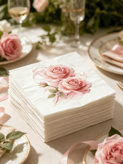 40/20/1 pieza Servilletas de papel de 3 capas engrosadas, posavasos desechables para cócteles con patrón de rosa altamente absorbentes, adecuados para fiesta de compromiso, brunch del Día de la Madre, baby shower, fiesta de té, cena de vacaciones, eventos sociales