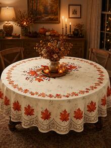 1pc-Autumn Maple Leaf Round Tablecloth, Beige Fall Table Cover With Orange Leaf Pattern, Elegant Harvest Printed Border For Thanksgiving Dinner Party Kitchen Decor - Multicolor - View 10