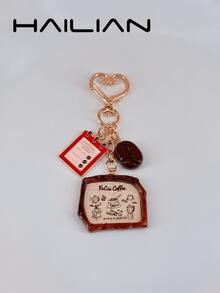 HAILIAN 1pc Coffee-Themed Bag Charm Keychain Featuring Coffee Bean & Coffee Menu Charms, Cute Heart Clasp, Ideal Gift For Back To School Season - Coffee Brown - View 4