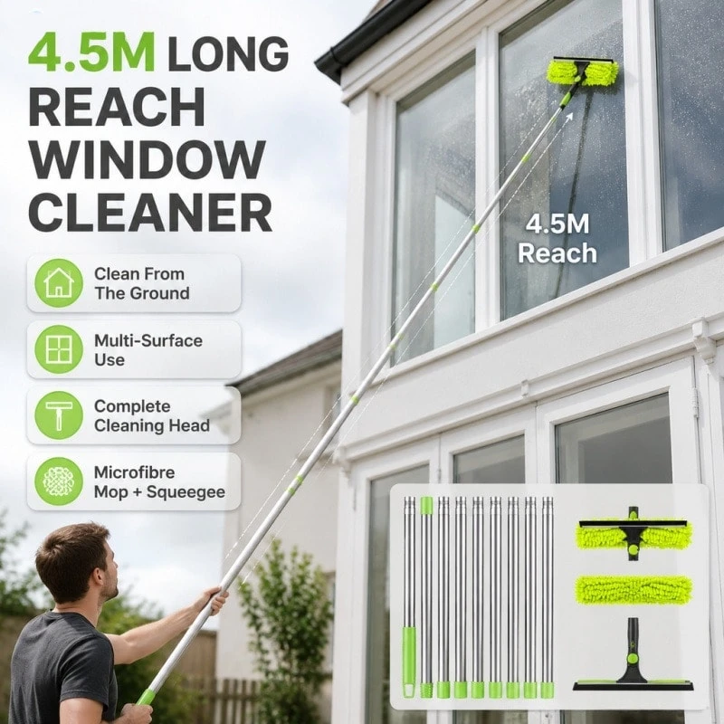 4.5M Telescopic Window Cleaning Kit – Extendable Long Reach Squeegee For High Windows, Solar Panels & Car Windscreen (UK) - A - View 1