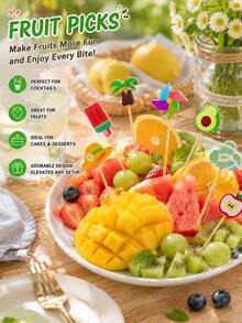 20 piezas de palillos de frutas de verano con diseño de dibujos animados, adecuados para bandejas de frutas, cócteles, bebidas, pasteles, decoración de postres, palillos de comida de estilo tropical, cumpleaños, fiesta de playa hawaiana, decoración de mesa de banquete de buffet, suministros para fiestas - Brochetas de bambú con dibujos animados (diseño aleatorio) - Ver 4