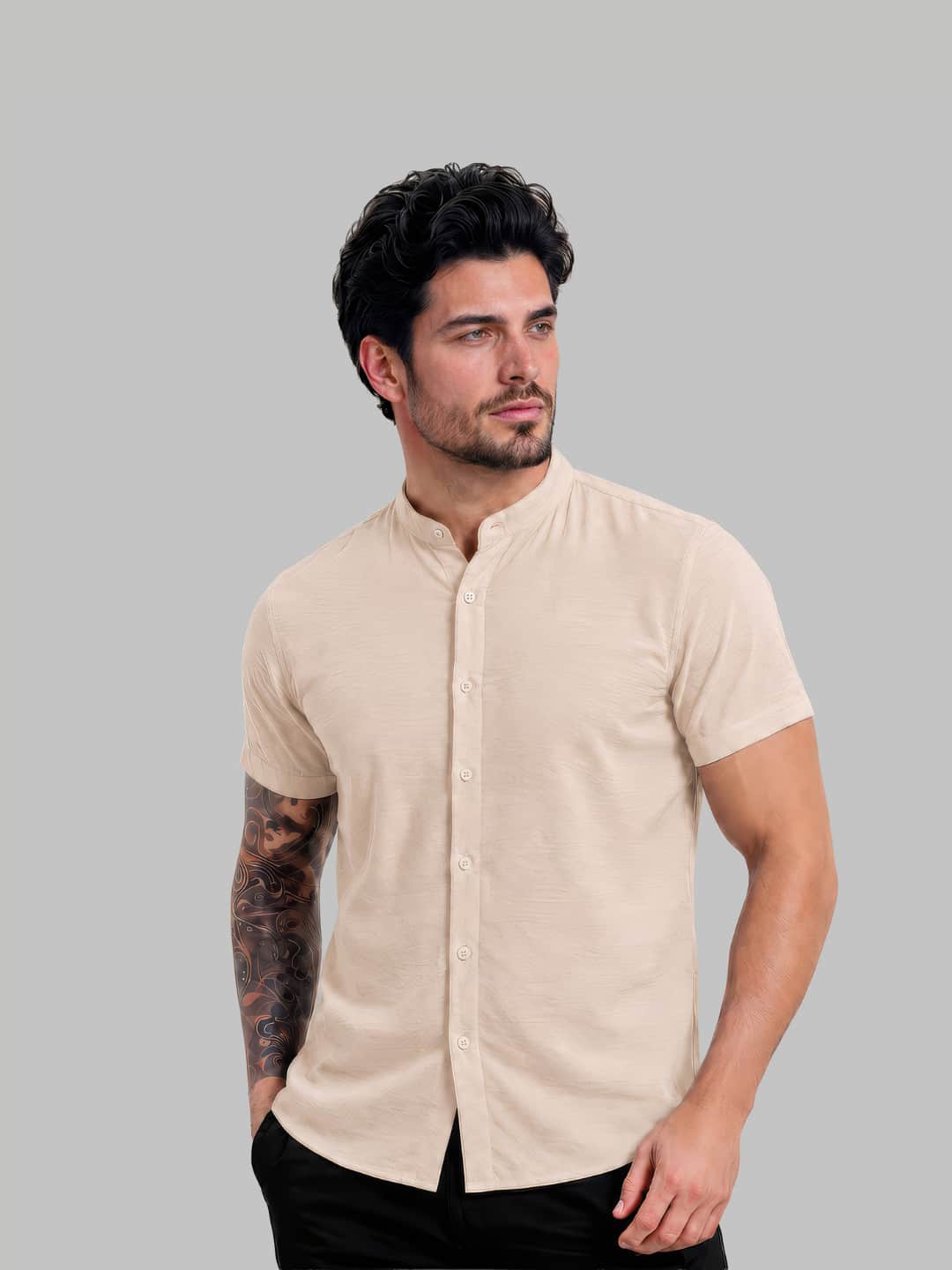 Camisa Social Gola Padre Linho Manga Curta Masculina Tecido Duna Premium