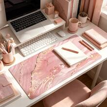 Pink Marble Pattern Gaming Mouse Pad, Gold Extended Desk Mat, Stitched Edge Design, Non-Slip Rubber Base, Suitable For Home Office Decor, Size 35.4x15.7 Inches, Ideal Gift For Men, Women, Friends, And Back To School Season. Gaming Mouse Pad, Desk Accessories, Office Supplies, Desk Accessories, Desk Mouse Pad. - Pink - View 3