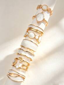 13/8/7pcs Elegant Fashion Vintage Old Money Style Floral Oil Drop Heart Star Moon Asymmetric Geometric Stackable Knuckle Ring Set For Women, Daily Wear, Date, Party, Versatile Accessory Jewelry, Perfect Gift For Birthday, Female Friends - Yellow Gold - View 12