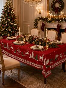 1 pieza Mantel rectangular rojo de Navidad, estampado de renos, copos de nieve, árbol de Navidad y acebo, estilo nórdico, decoración festiva para comedor y cocina, adecuado para cena de Navidad, reunión familiar, montaje de fiesta, mesa de comedor de la sala de estar, decoración del hogar, artículos esenciales de cocina - Multicolor - Ver 6