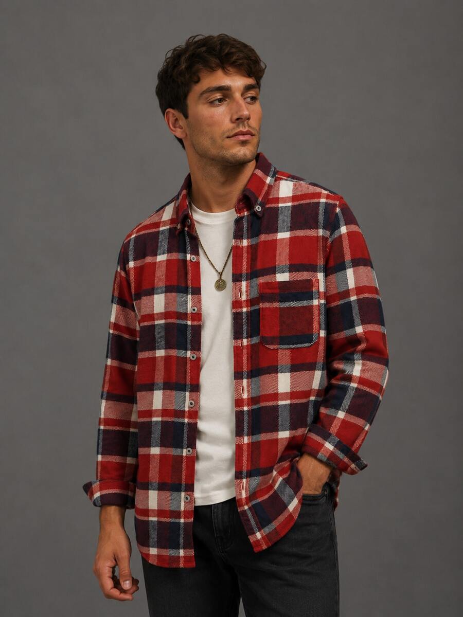 Men Plus Plaid Print Shirt Without Tee - Red - View 1