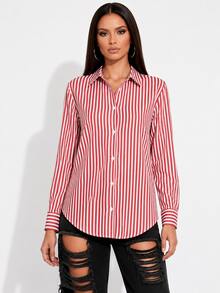 Women's Long-Sleeved Striped Linen Shirt In Colorful And Vibrant Leopard Print. - Red - View 2
