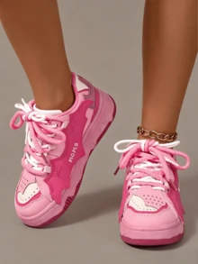 Women's Lace Up Shoes, Round Toe Thick Soled Shoes, European And American Style Sports Shoes, Fashionable Sports Shoes, Color Matching Sports Shoes - 玫瑰紅 - 查看 8