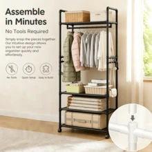 Multi-Layer Rolling Garment Rack With Storage Shelves - BLACK - View 9