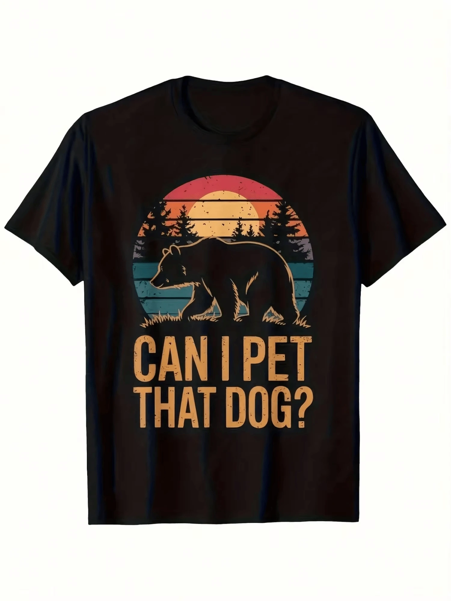 Ropa Para Niña De 10 A 12 Años Ropa Para Niño Ropa Para Niña Ropa De Niño Talla 10 O 12Men Funny Can I Pet That Dog Bear Sunset Graphic T-Shirt Black Retro Animal Print With Brown Bear Sunse - Negro - Ver 1