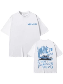 Coche azul clásico con letras artísticas evocan explorar nuevos caminos libertad de espíritu camiseta de hombre con estampado doble - Blanco - Ver 1