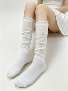 1/4 Pair Summer Thin Minimalist Versatile Solid Color Breathable Frill Trim Slouch Knee-High Socks - Multicolor - View 4