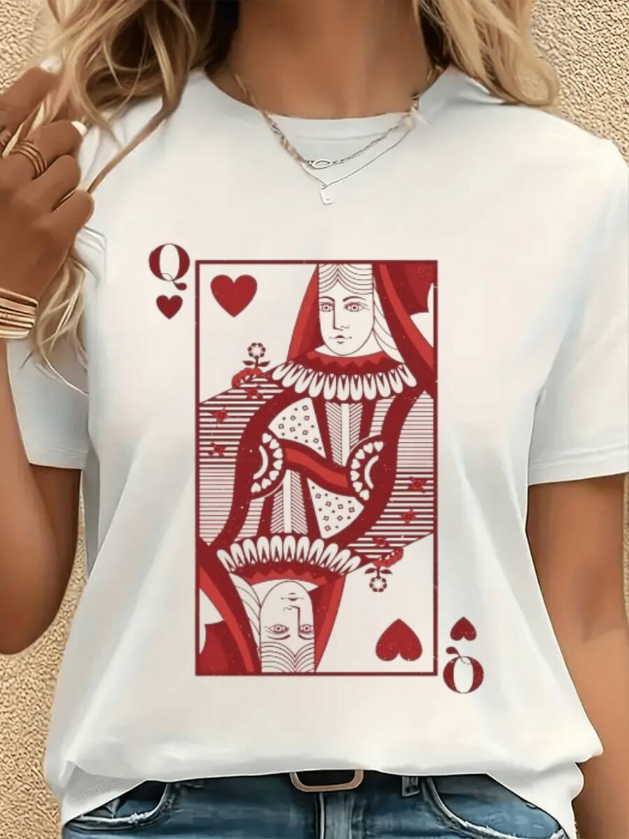 Women's T-Shirt 1 Piece 100% Cotton With Digital Print Of The Queen Of Hearts 180g - 白色 - 查看 1