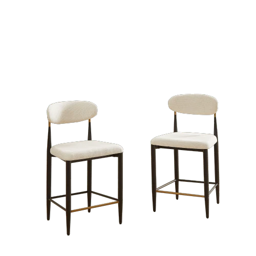 Set Of 2 French Country Style Bar Stools, Upholstered, With Ergonomic Curved Backrest, Contrasting Black And Coffee Frame And Cream Fabric Cushion, For Island/Open Bar. - Beige - View 1